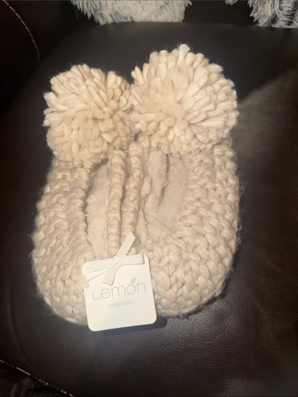 Lemon Cream Hand-Knit Pom Slippers